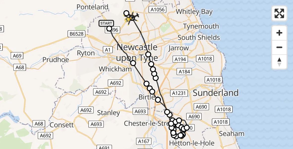 Flight route map: Police Helicopter to Hazlerigg Village, Warkworth Woods