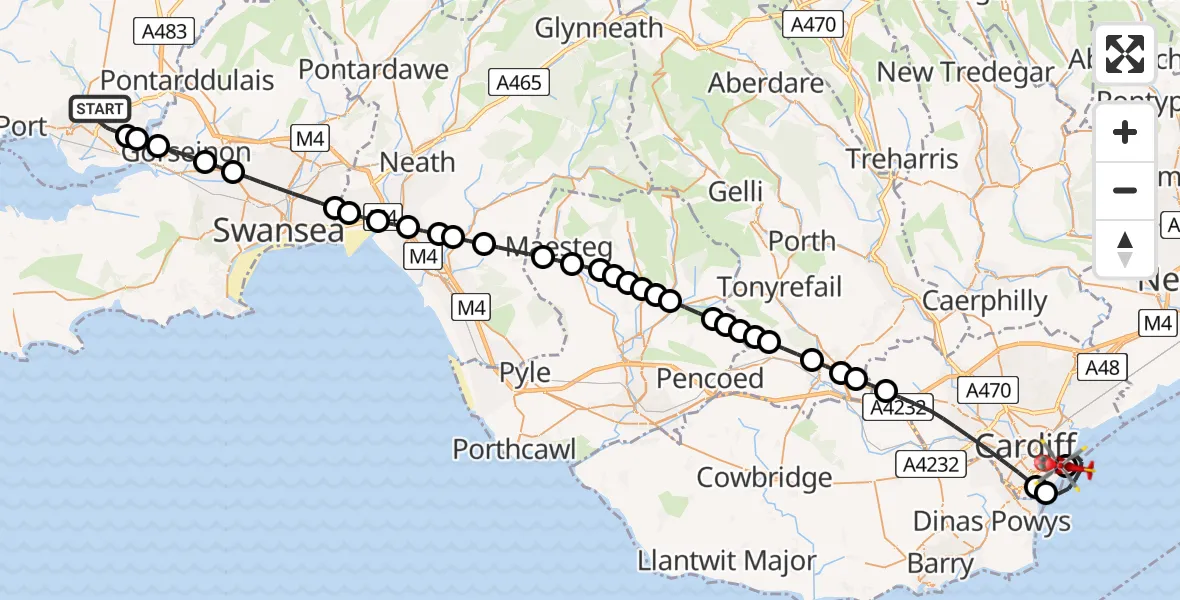 Flight route map: Air Ambulance Helicopter to Cardiff Heliport, Cardiff Heliport