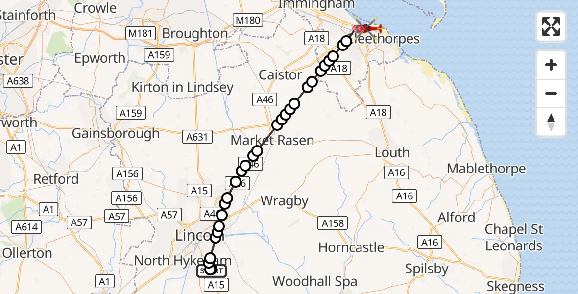 Flight route map: Air Ambulance Helicopter to Grimsby, Kent Street