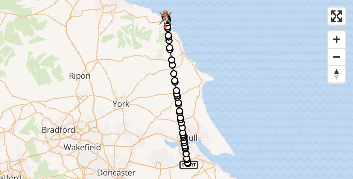 Flight route map: Coastguard Helicopter to Whitby, Abbey Lane