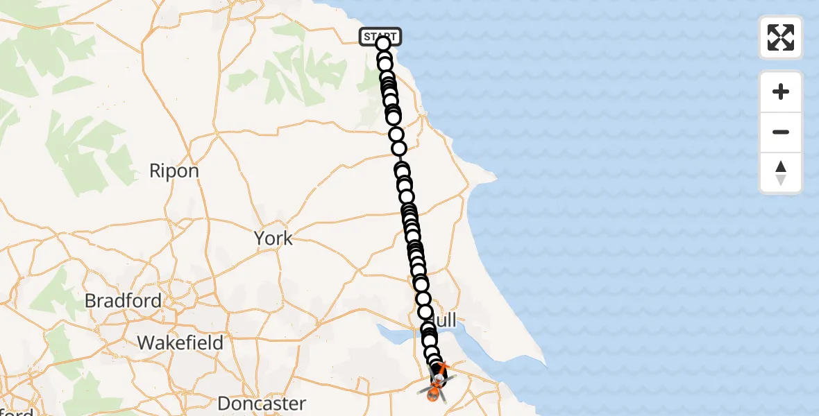 Flight route map: Coastguard Helicopter to Humberside Airport, Humberside Airport