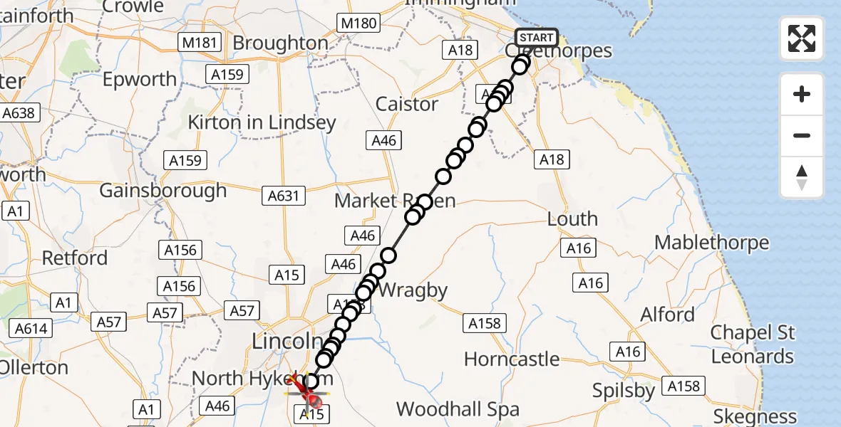 Flight route map: Air Ambulance Helicopter to North Kesteven, Sleaford Road