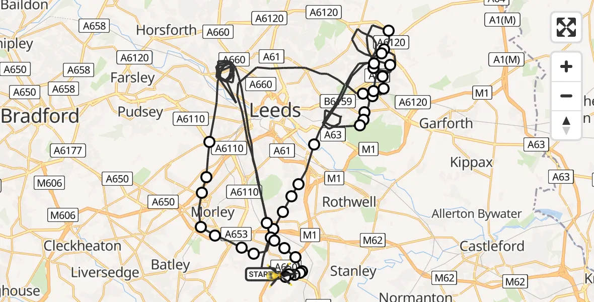 Flight path map showing Police Helicopter route from East Ardsley to Wakefield