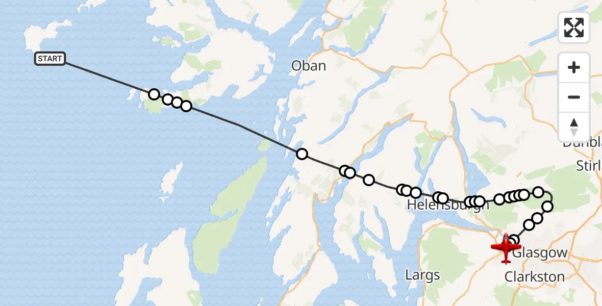 Flight path map showing Air Ambulance Aircraft route from Inner Seas to Glasgow Airport