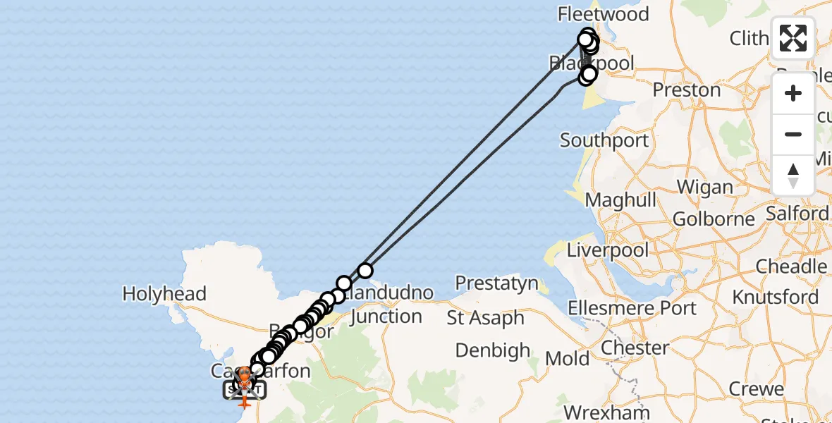 Flight path map showing Coastguard Helicopter route from Caernarfon Airport to Caernarfon Airport
