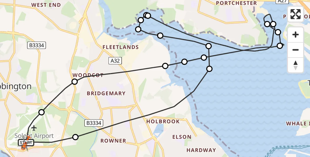 Flight path map showing Coastguard Helicopter route from Solent Airport to Solent Airport