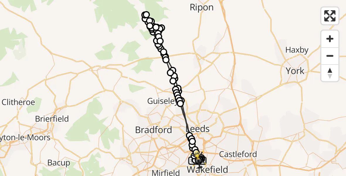 Flight path map showing Police Helicopter route from Wakefield to Wakefield