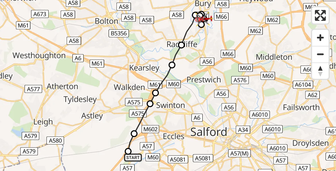 Routekaart van de vlucht: Air Ambulance Helicopter to Hollins, Gigg Lane
