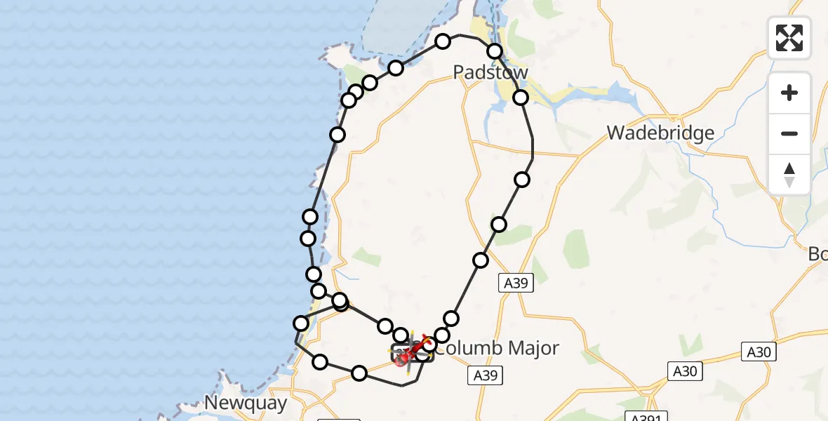 Flight path map showing Air Ambulance Helicopter route from Cornwall Airport Newquay to Cornwall Airport Newquay