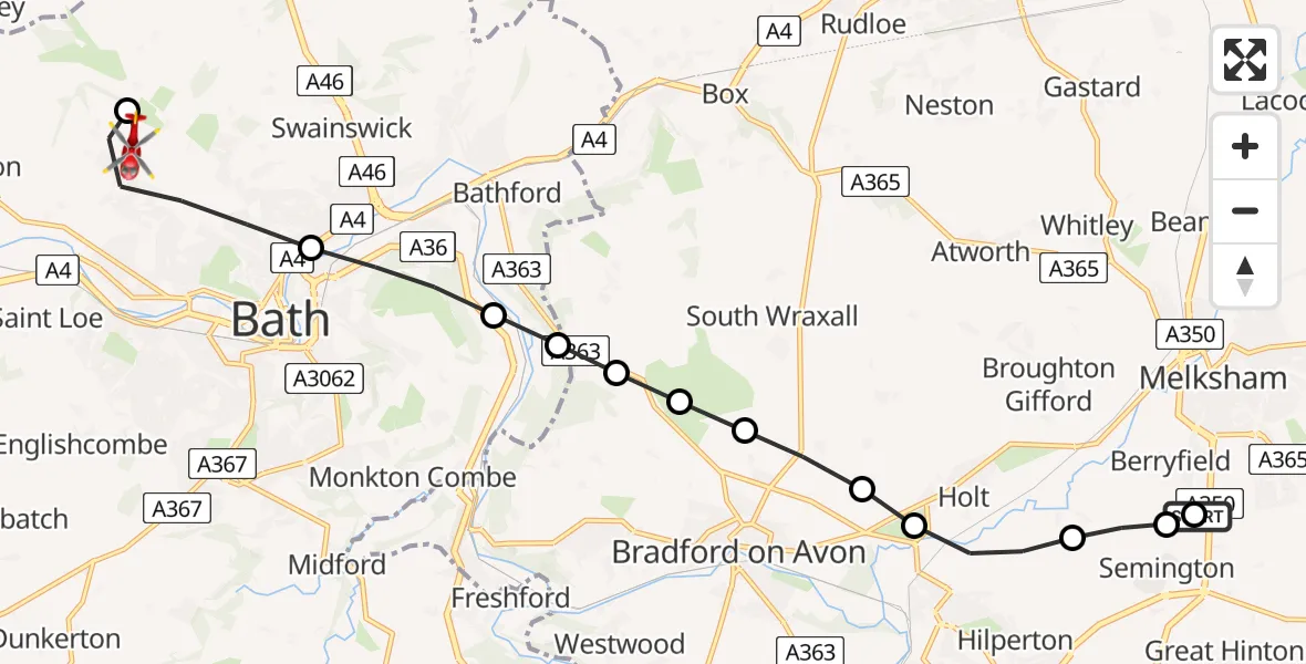 Flight route map: Air Ambulance Helicopter to Charlcombe, Lansdown Lane