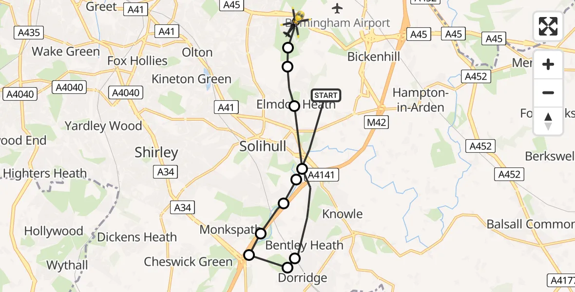 Routekaart van de vlucht: Police Helicopter to Solihull, Goodway Road