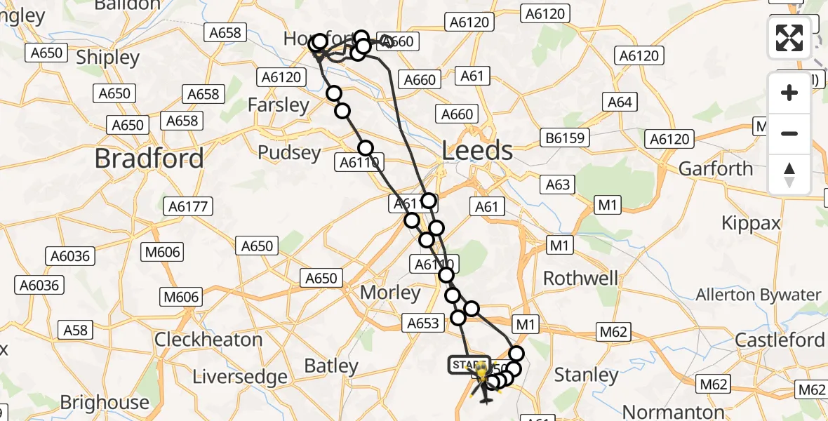 Flight path map showing Police Helicopter route from East Ardsley to Wakefield