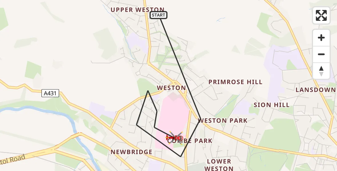 Flight route map: Air Ambulance Helicopter to Royal United Hospital Bath, Royal United Hospital Bath