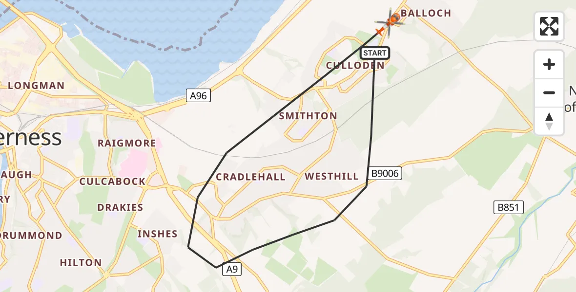 Flight path map showing Coastguard Helicopter route from Inverness to Inverness