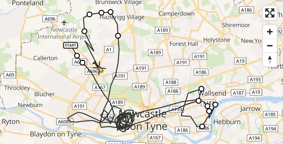 Flight route map: Police Helicopter to Newcastle upon Tyne, Hazeley Grove