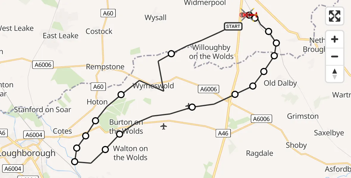 Flight route map: Air Ambulance Helicopter to Nottingham Heliport, Nottingham Heliport