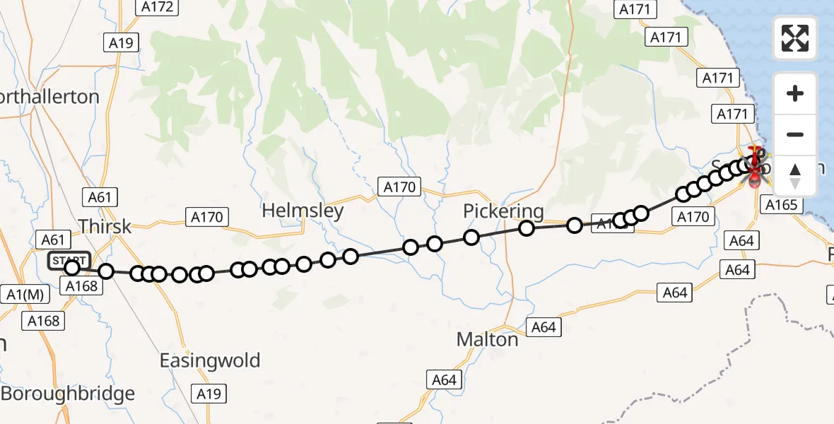Flight route map: Air Ambulance Helicopter to Scarborough, Woodland Way