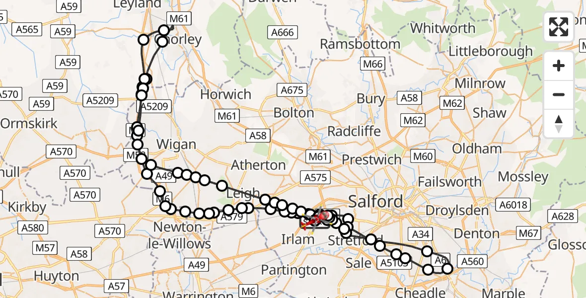 Flight path map showing Air Ambulance Helicopter route from Manchester Barton Aerodrome to Irlam