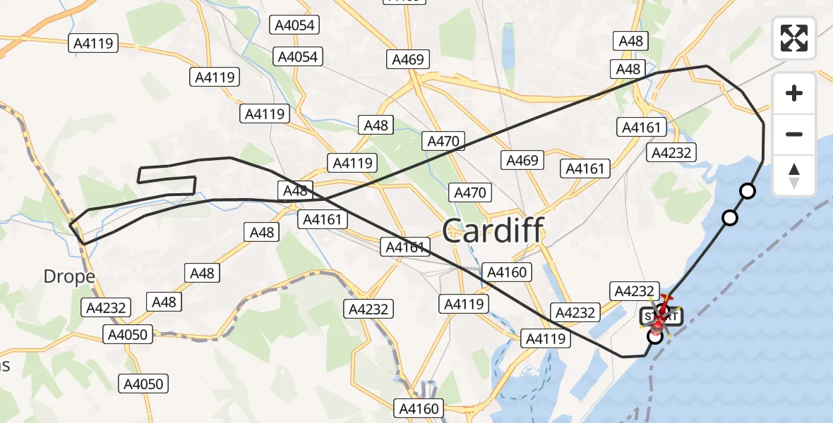 Flight path map showing Air Ambulance Helicopter route from Cardiff Heliport to Cardiff Heliport