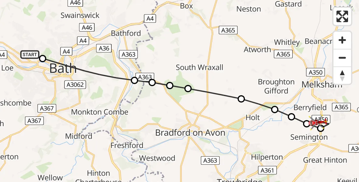 Flight route map: Air Ambulance Helicopter to Melksham, Commerce Way
