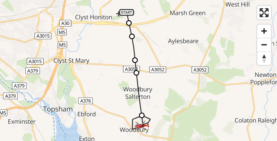Flight route map: Air Ambulance Helicopter to Woodbury, Orchard Close