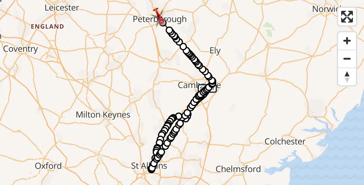 Routekaart van de vlucht: Air Ambulance Helicopter to Peterborough, Cambridge Avenue