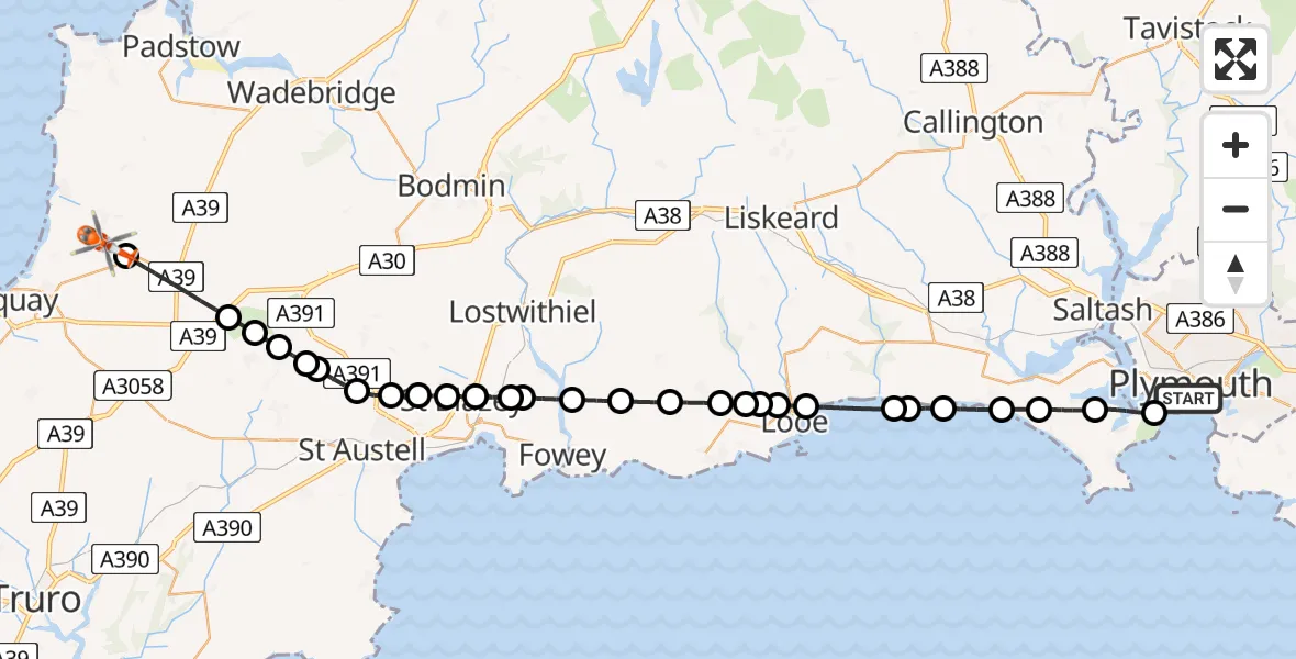 Flight route map: Coastguard Helicopter to Cornwall Airport Newquay, Cornwall Airport Newquay