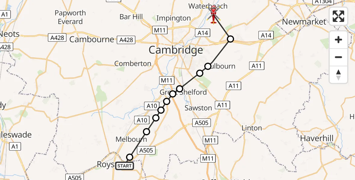 Routekaart van de vlucht: Air Ambulance Helicopter to Waterbeach, Haling Way