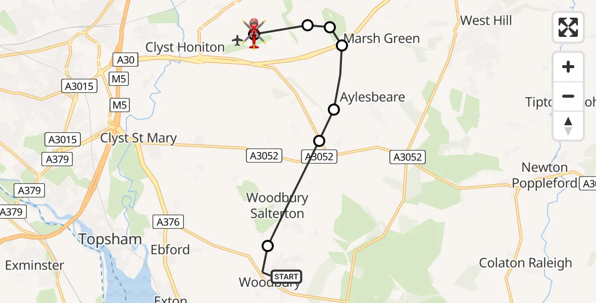 Flight route map: Air Ambulance Helicopter to Exeter International Airport, Exeter International Airport