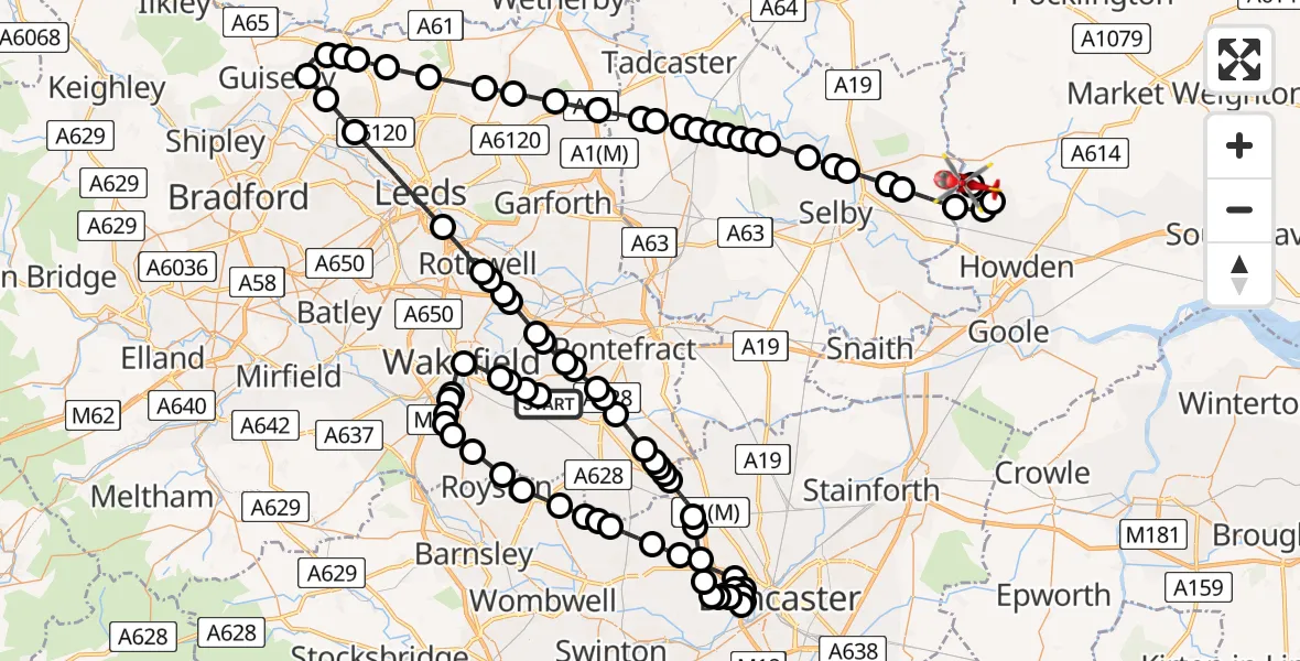 Flight route map: Air Ambulance Helicopter to Breighton Airfield, Breighton Airfield
