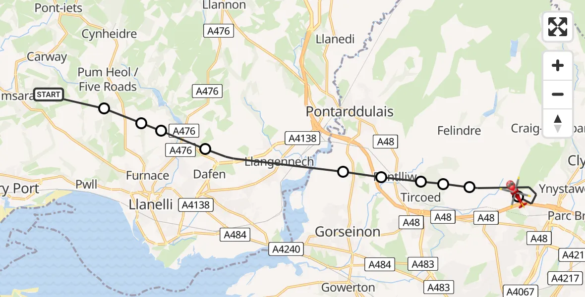 Routekaart van de vlucht: Air Ambulance Helicopter to Morriston Hospital Helipad, Morriston Hospital Helipad