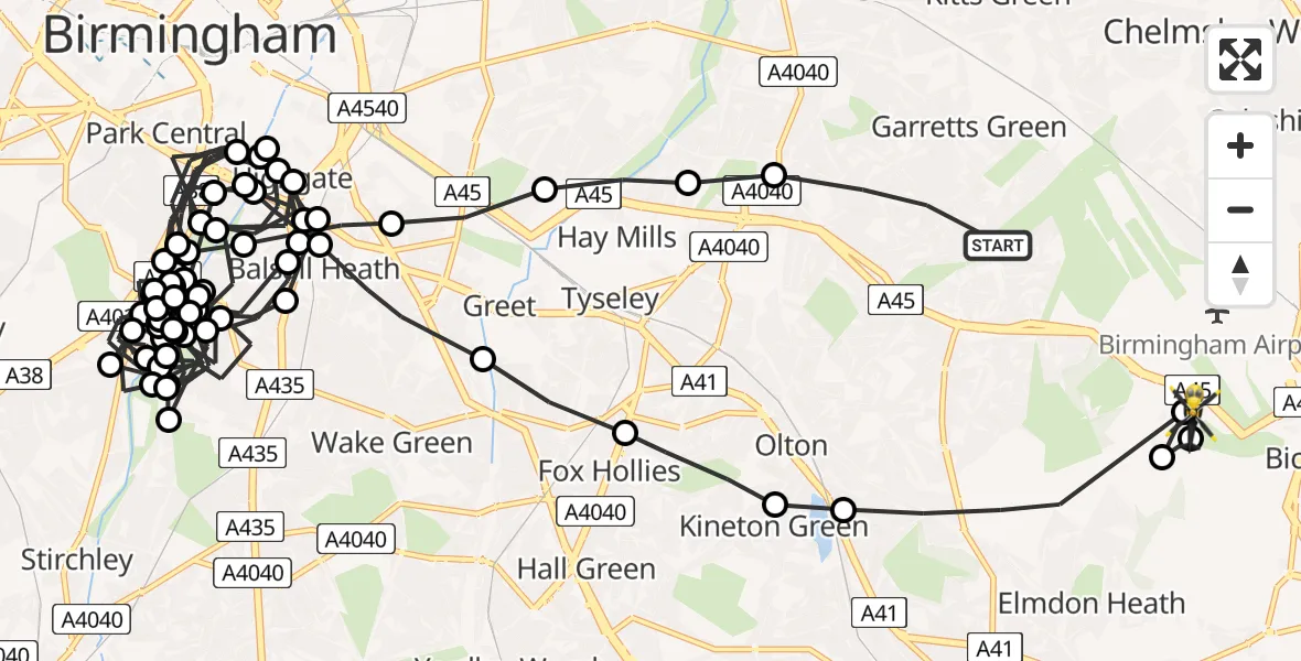 Flight route map: Police Helicopter to Bickenhill, A45