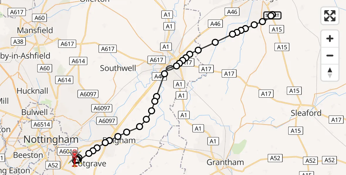 Flight route map: Air Ambulance Helicopter to Nottingham City Airport, Nottingham City Airport
