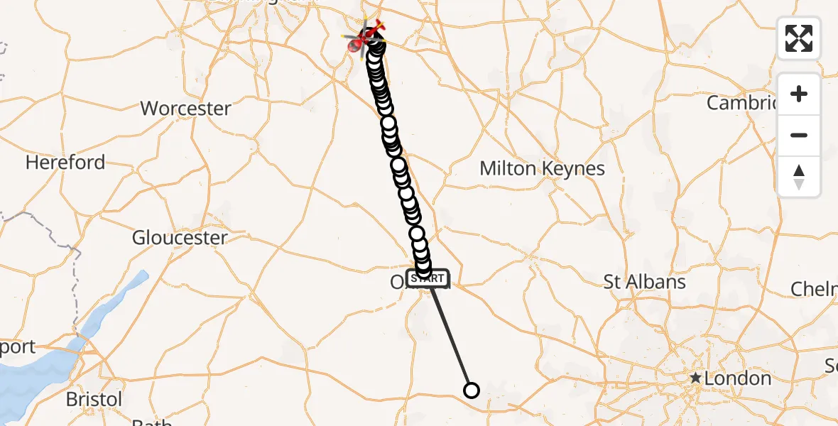 Flight route map: Air Ambulance Helicopter to Coventry Airport, Coventry Airport