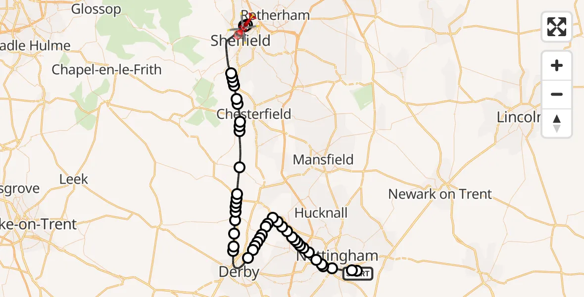 Flight route map: Air Ambulance Helicopter to Sheffield Northern Hospital, Sheffield Northern Hospital