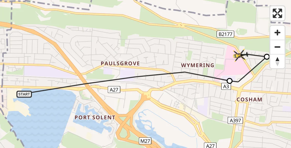 Flight route map: Police Helicopter to Queen Alexandra Hospital, Jura Close