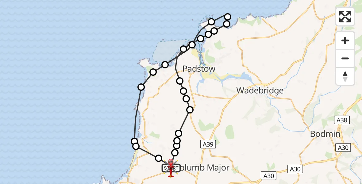Flight path map showing Air Ambulance Helicopter route from Cornwall Airport Newquay to Cornwall Airport Newquay