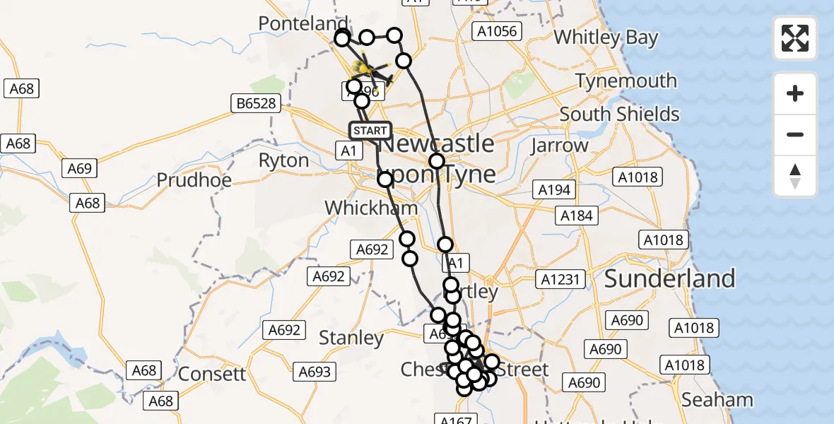 Flight route map: Police Helicopter to Newcastle upon Tyne, Falcon Way