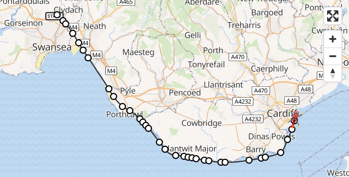 Flight route map: Air Ambulance Helicopter to Cardiff Heliport, Cardiff Heliport