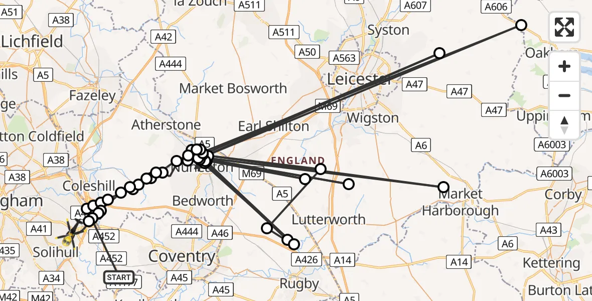 Routekaart van de vlucht: Police Helicopter to Bickenhill, A45