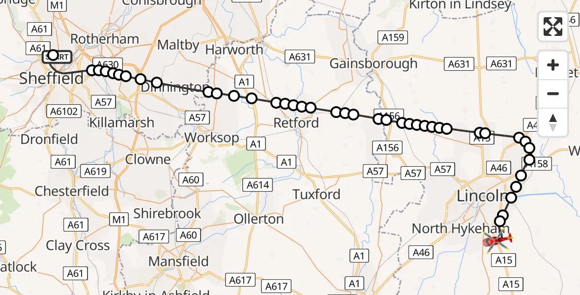 Flight route map: Air Ambulance Helicopter to North Kesteven, Sleaford Road