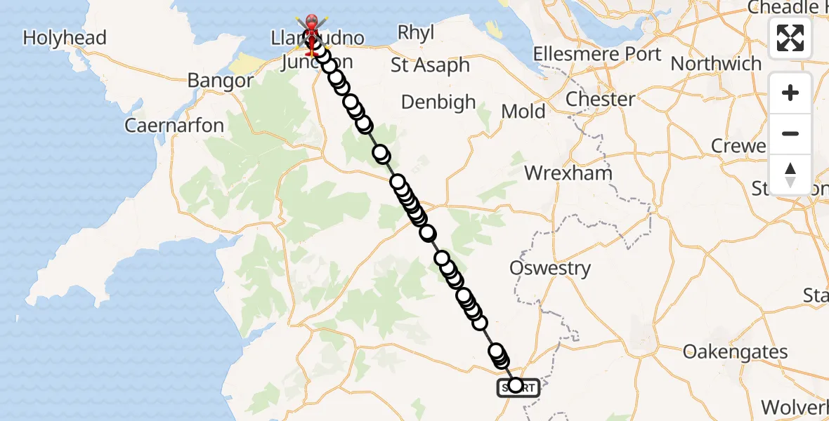 Flight route map: Air Ambulance Helicopter to Llanrhos, Hospital Road