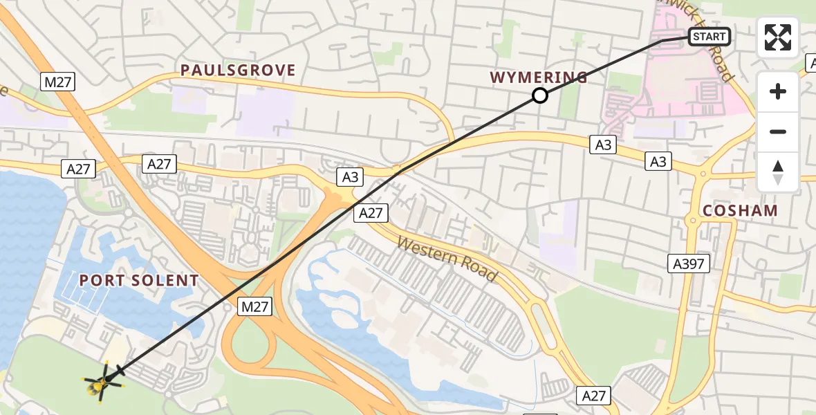 Flight route map: Police Helicopter to Portsmouth, Marina Keep