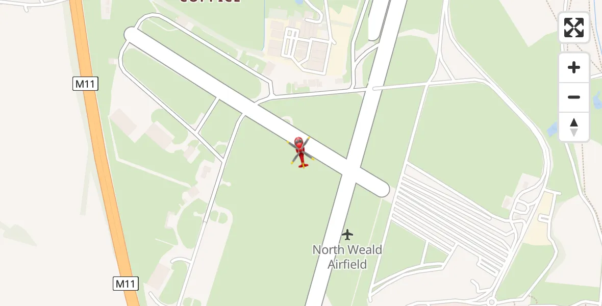 Flight path map showing Air Ambulance Helicopter route from North Weald Airfield to North Weald Airfield