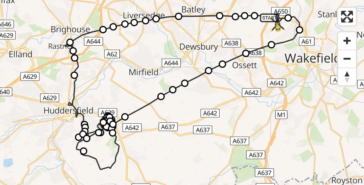 Flight path map showing Police Helicopter route from East Ardsley to Wrenthorpe