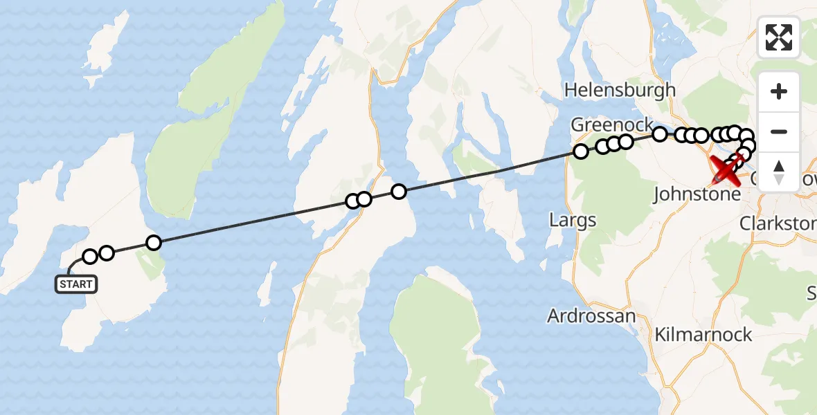 Flight path map showing Air Ambulance Aircraft route from Inner Seas to Glasgow Airport