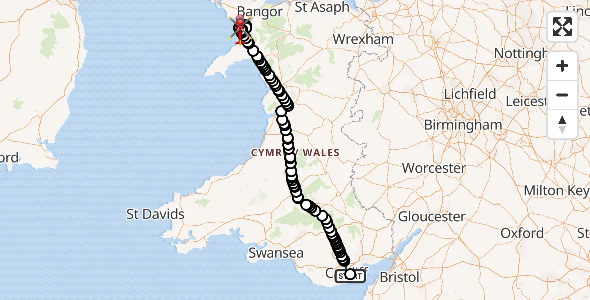Flight path map showing Air Ambulance Helicopter route from Cardiff Heliport to Caernarfon Airport