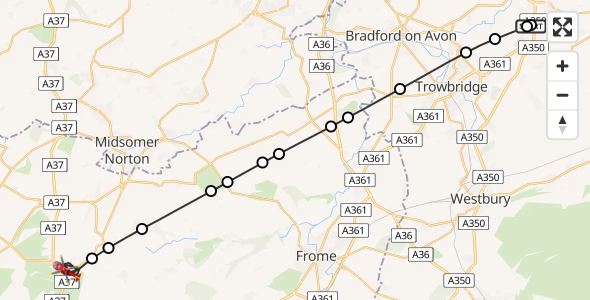 Flight route map: Air Ambulance Helicopter to Oakhill, Chapelfield