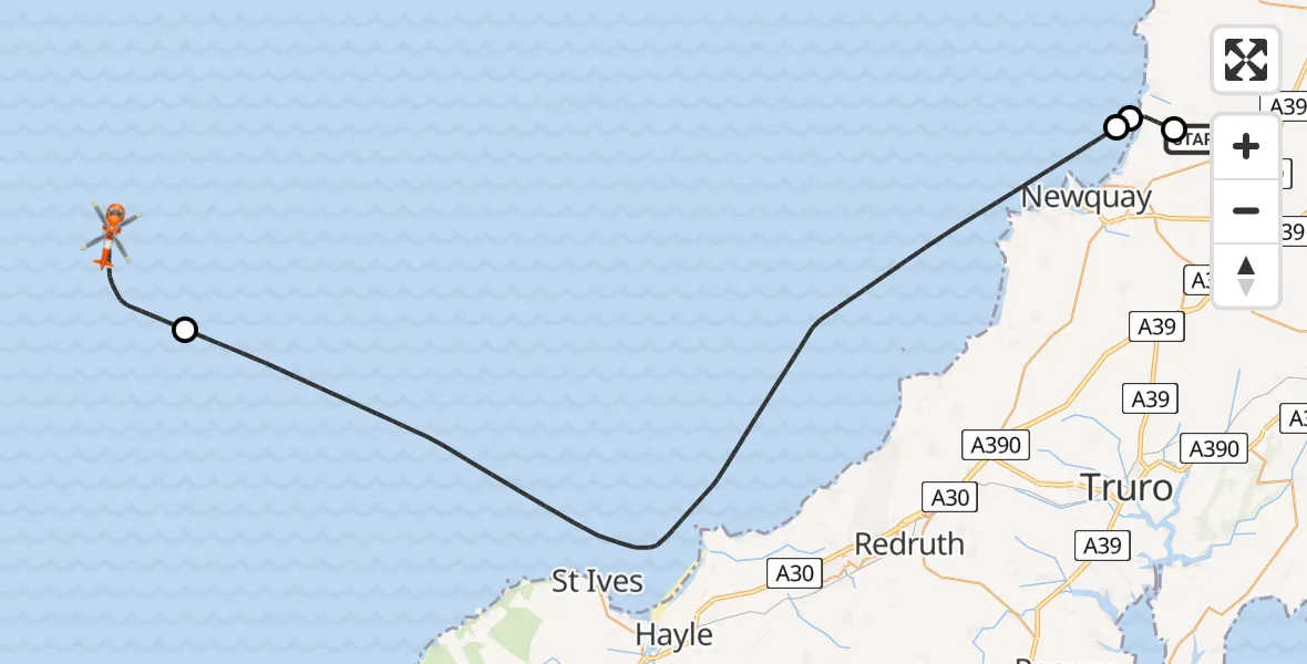 Flight route map: Coastguard Helicopter to North Atlantic Ocean, North Atlantic Ocean
