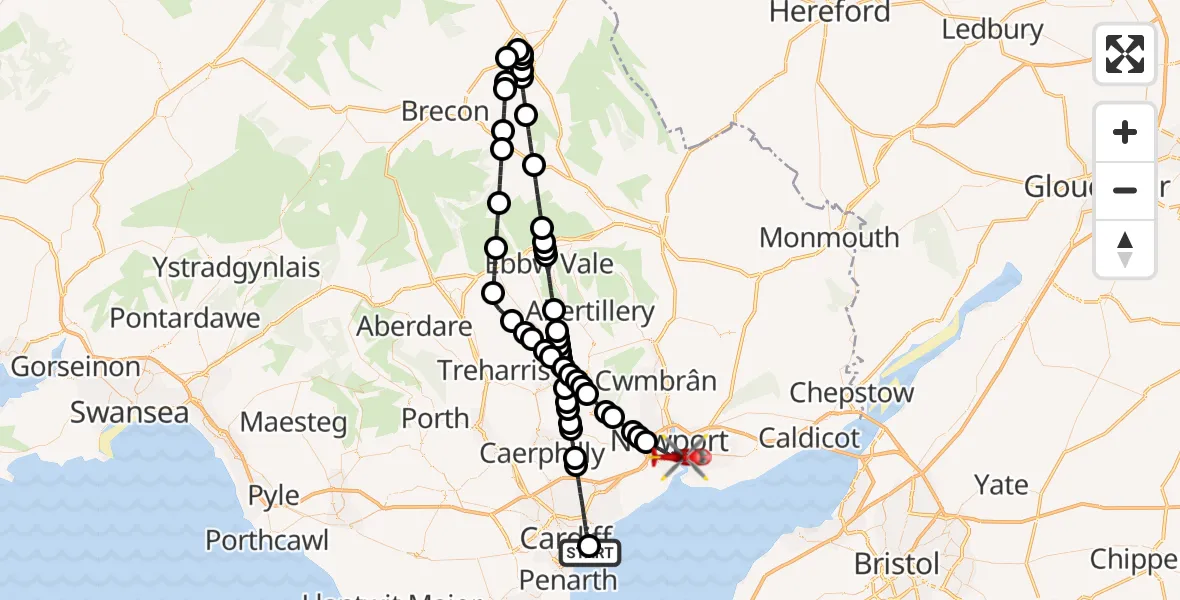 Flight route map: Air Ambulance Helicopter to Newport, Stephenson Street